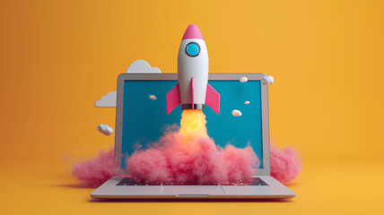 Rocket coming out of laptop screen, innovation and creativity concept, generative ai