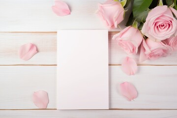 Blank white paper greeting card with pink roses flower on bright wooden background. Valentine's day-wedding. Mockup presentation. advertisement. copy text space.