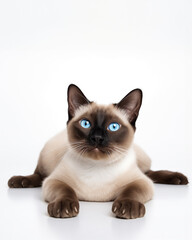 Siamese cat with blue eyes laying down joyful on white background