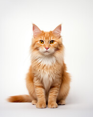 Orange fluffy cat sitting look at camera on white background