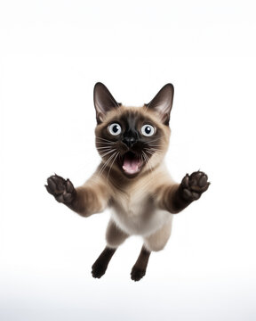 Siamese cat jumping joyful happy photo on white background