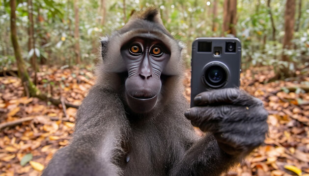 monkey taking a selfie with his mobile phone, generative ai.
