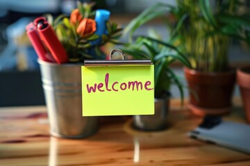 Welcome message written on a post-it note