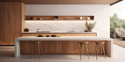 Minimalist wooden kitchen with a spacious island, marble top, and .