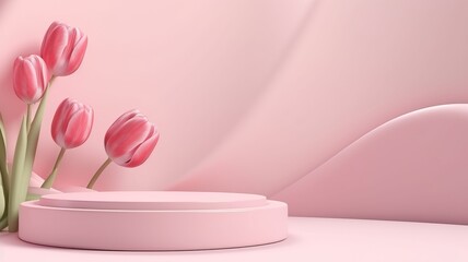 Podium tulips and pink . 3D display podium with copy space template 3d render. Background for cosmetic products of natural.