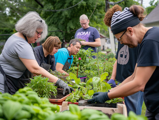 A Photo Of A Local Gardening Club Sharing Tips And Plants With Community Members