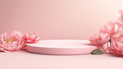 Peony blossom . 3D display podium with copy space template 3d render. Background for cosmetic products of natural.