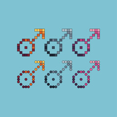 Pixel art stroke sets icon of male sign variation color. Male sign icon on pixelated style. 8bits perfect for game asset or design asset element for your game design. Simple pixel art icon asset.