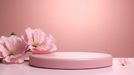 Obraz na płótnie Canvas Peony blossom . 3D display podium with copy space template 3d render. Background for cosmetic products of natural.