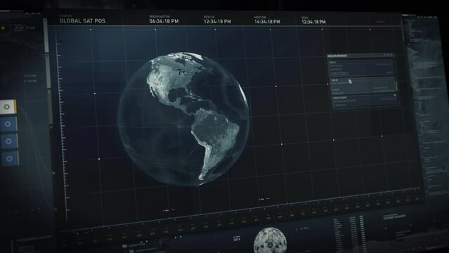 Tracking scanner is searching for satellite position on a map. Futuristic scanner is tracking the location of available satellite signals. Scanner has tracked down the location of a satellite network.