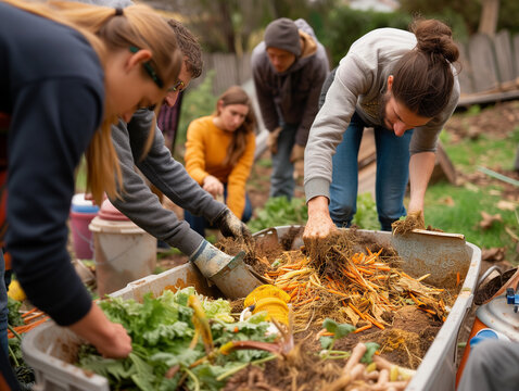 A Photo Of A Group Of Neighbors Collaborating On A Communal Composting Project
