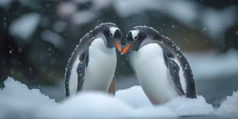 Two penguins stand kissed on melting ice in Arctic Ocean global warming concept, generative ai
