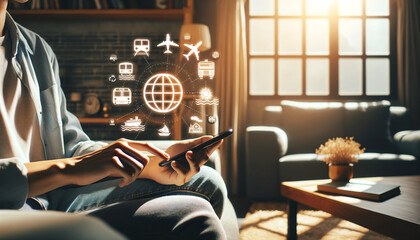 Person in a living room using a smartphone, surrounded by travel icons in a warm, morning light. Ideal for advertising relaxed travel planning. AI Generated.