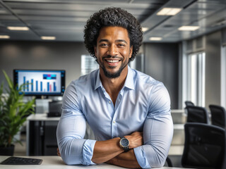 portrait of a successful businessman consultant looking at camera and smiling inside modern office