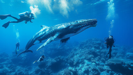 Fototapeta premium a group of scuba diving student in tropical ocean coral reef sea under water with big whale, generative ai