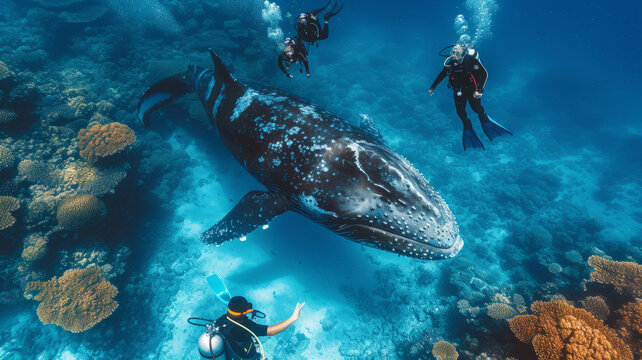 a group of scuba diving student in tropical ocean coral reef sea under water with big whale, generative ai
