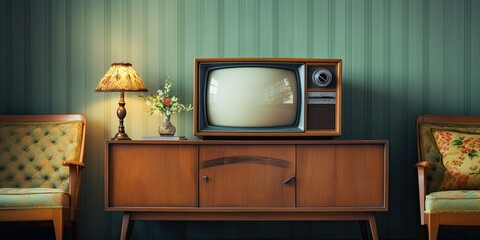 Old television on wooden cabinet beside cozy sofa in fashionable day room