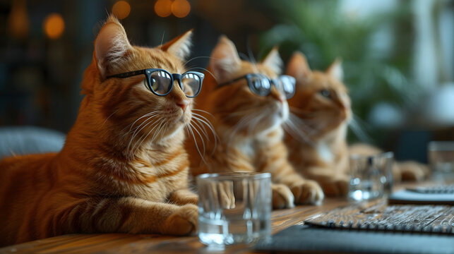 cats with glasses having a meeting