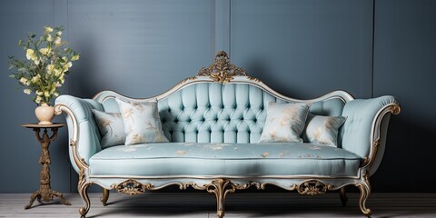 Restoring and manufacturing vintage furniture for interior design, including a pastel blue Baroque-style sofa with carriage tie.