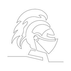 Continuous single line sketch drawing of knight warrior sparta helmet mask. One line art of ancient military soldier armor greek roman vector illustration