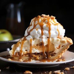 Tasty caramel apple pie with ice cream and caramel sauce on dark background