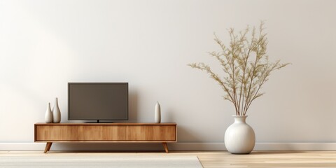 Minimalist grey vase holds dried eucalyptus branches, on wooden TV stand. Carpet and coffee table nearby.