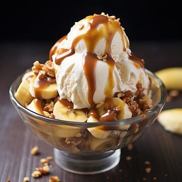 Vanilla pecan ice cream sundae with caramel sauce, banana and nuts in glass bowl
