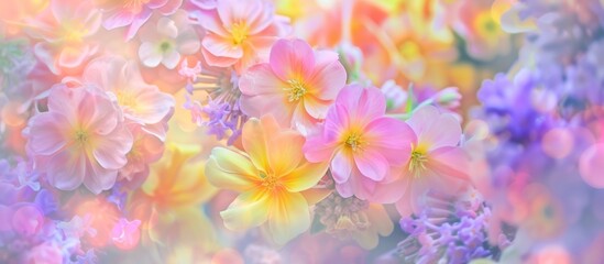 Blooming floral abstract, with soft focus flowers in pink, lavender, and yellow
