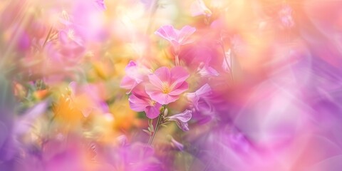 Blooming floral abstract, with soft focus flowers in pink, lavender, and yellow