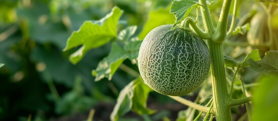 Green melon on a plant in nature, seen up close. - obrazy, fototapety, plakaty