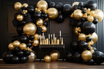 Naklejka premium Black and gold balloons and candles in the room. Shiny golden and black color balloons with luxury candles, party hall decoration. Party and celebration concept. Party decoration.