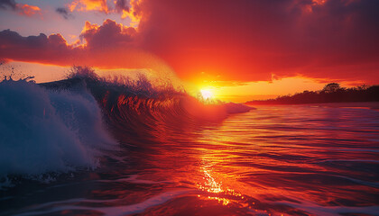 Crisp, turquoise wave curling perfectly with a spray of sea foam on a sunlit with sunset, pristine beach lined with lush greenery.