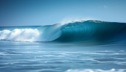 Crisp, turquoise wave curling perfectly with a spray of sea foam on a sunlit, pristine beach lined with lush greenery.