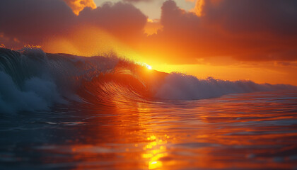 Crisp, turquoise wave curling perfectly with a spray of sea foam on a sunlit with sunset, pristine beach lined with lush greenery.