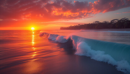 Crisp, turquoise wave curling perfectly with a spray of sea foam on a sunlit with sunset, pristine beach lined with lush greenery.