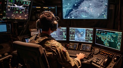 Government Surveillance Agency and Military Joint Operation. Male Agent, Female and Male Military Officers Working at System Control Center. - obrazy, fototapety, plakaty