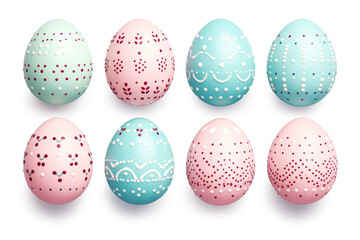 Set of pastel blue and pink easter eggs with decorative floral patterns on white