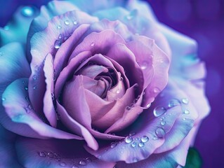 Close-up of a purple rose with water drops on the petals.