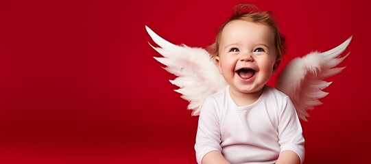 Cheerful baby angel cupid with white wings on vibrant red background - obrazy, fototapety, plakaty