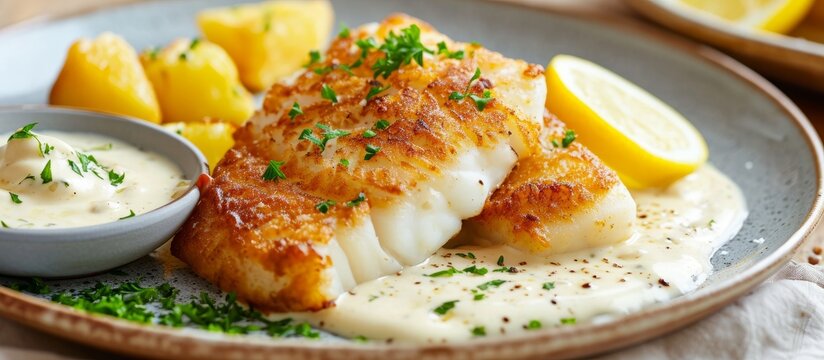 Fried cod fillet with cream sauce and lemon, served on a table.