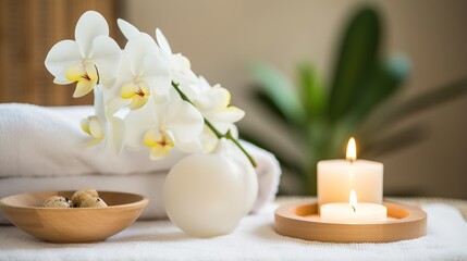 Obraz na płótnie Canvas decoration Candles are lit. for spa and massage. white frangipani flowers blooming, plumeria, black zen stone, health concept, massage, spa,