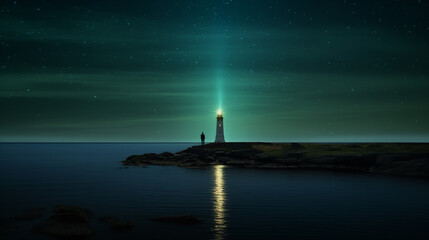 a green light house on the lake in the night