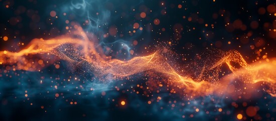 Dynamic wave of particles in a futuristic fire background with flying sparks rendered in 3D.