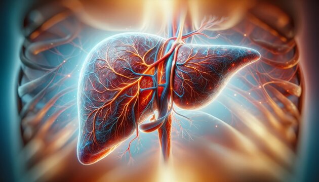 Anatomically Accurate Human Liver with Vascular Network on a Blue Biological Background