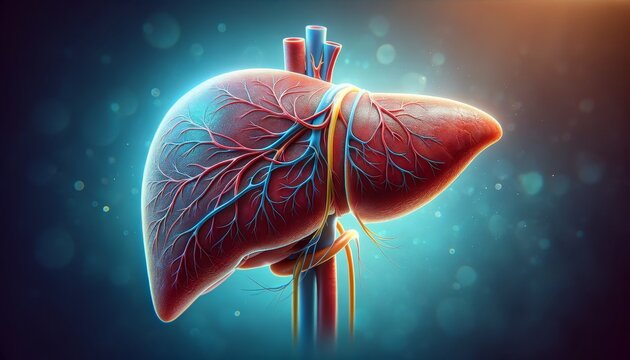Anatomically Accurate Human Liver with Vascular Network on a Blue Biological Background