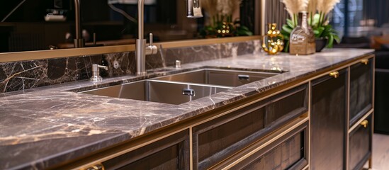 Kitchen cabinet made of stunning marble top and equipped with a steel sink.