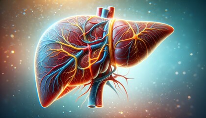 Anatomically Accurate Human Liver with Vascular Network on a Blue Biological Background