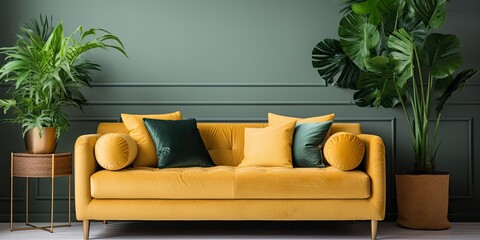 Stylish velvet sofa, wooden commode, plants, gold decoration in modern living room.