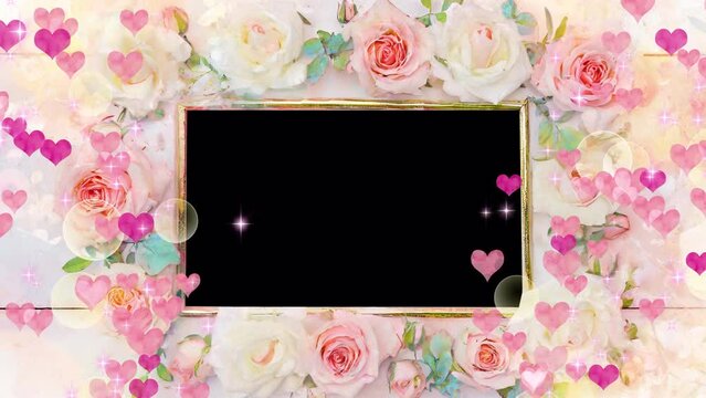 Rose and Heart Square Golden Photo Frame: Decorative, Alpha Channel, Looping Video for Happy Wedding Imagery of a Bride

