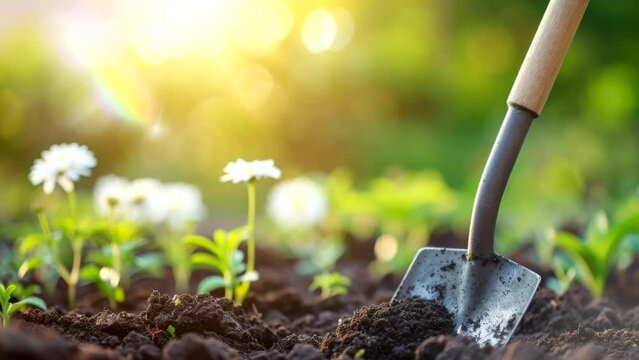 planting flower plant with soil and soil scrap in spring season, video looping background for live wallpaper 